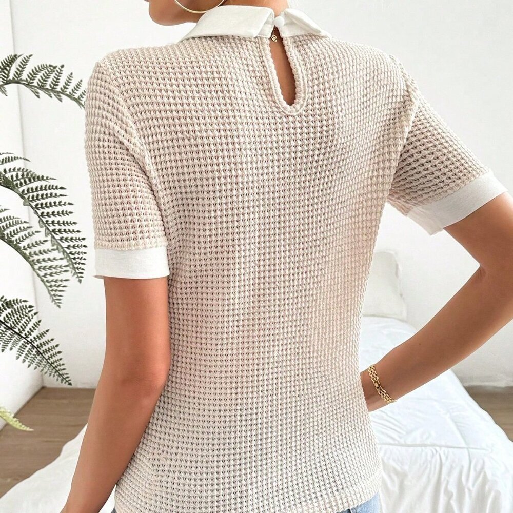 Apricot Casual Women's Contrast Color Turn-Down Collar Short Sleeve T-Shirt - Picture 2 of 8